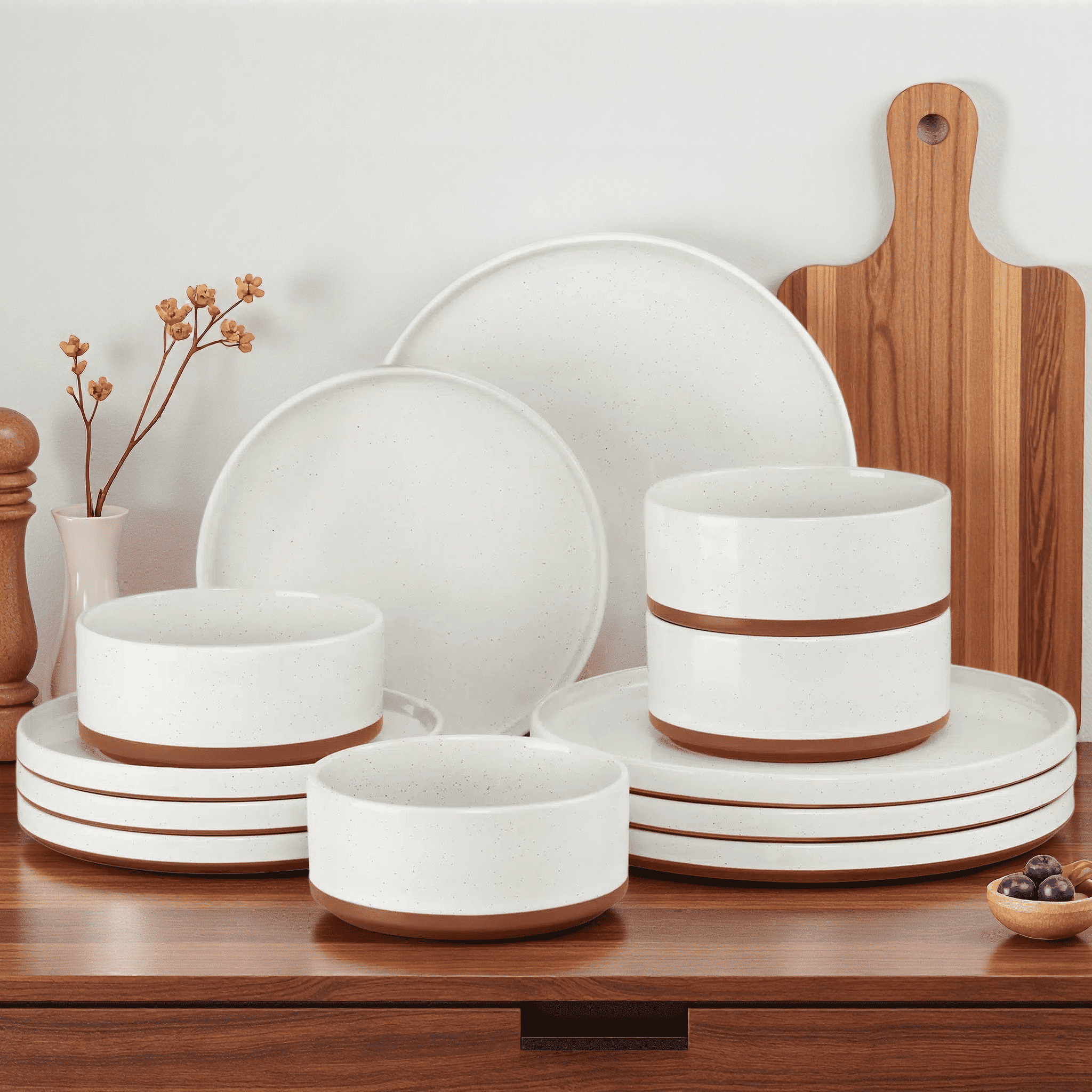 Onader Dinnerware Sets for 4, 12-Piece Plates and Bowls Set, Stoneware Dinning Ware Set for Kitchen, Dishwasher & Microwave Safe, Pale White