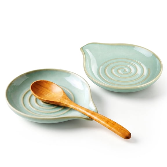 Onader 2-Piece Spoon Rest, 5" Ceramic Spoon Holder for Kitchen Utensils Soup Ladle Slotted Turner Spatula, Cooking Utensil Rest for Kitchen Countertop, Light Green