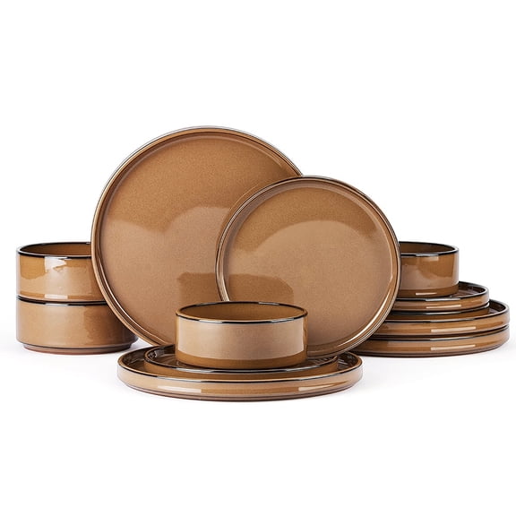 Onader Dinnerware Sets for 4, 12-Piece Plates and Bowls Sets for 4, Kitchen Modern Dinning Dishware, Chip and Scratch Resistant - Khaki