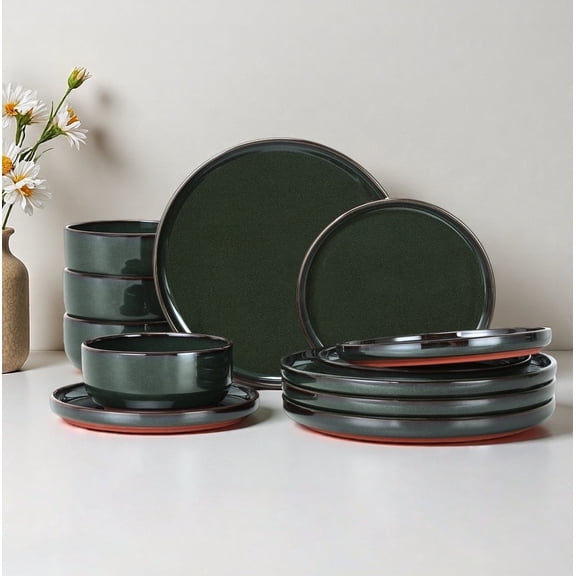 Onader Dinnerware Sets for 4, 12 Pieces Reactive Glaze Plates and Bowls Sets, Elegant Dishes with Rustic Terracotta Base - Green