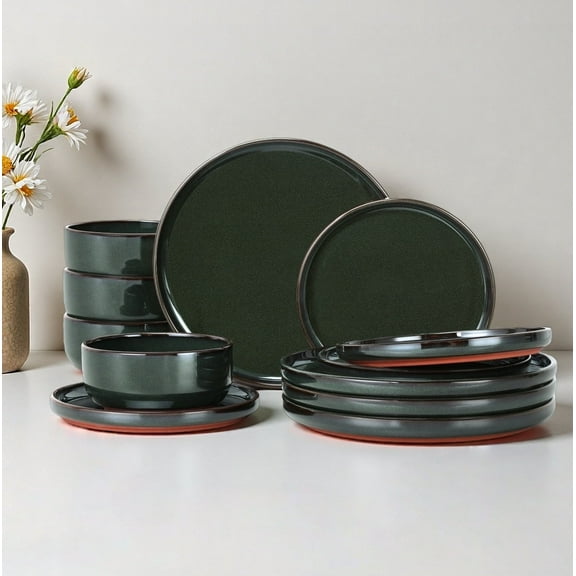 Onader Dinnerware Sets for 4, 12 Pieces Reactive Glaze Plates and Bowls Sets, Elegant Dishes with Rustic Terracotta Base - Green