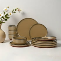 Onader Dinnerware Sets for 4, 12 Pieces Reactive Glaze Plates and Bowls Sets, Elegant Dishes with Rustic Terracotta Base - Khaki