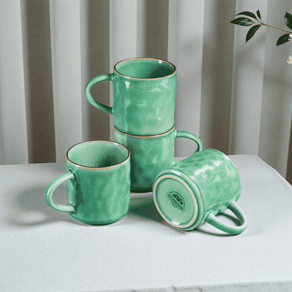 Onader Coffee Mugs Set of 4, 14OZ Stoneware Coffee Cups with Handle, Tea Cups for Latte/Cappuccino/Cocoa/Milk, Microwave and Dishwasher Safe - Reactive Green