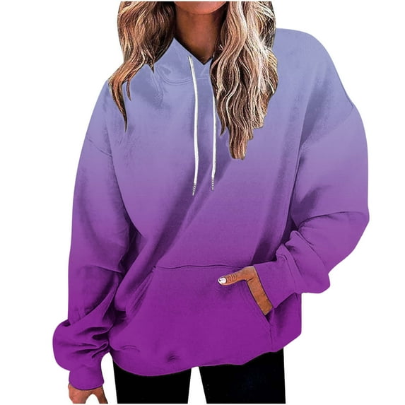 2024 Fashion Women's Tops in Clearance Women's Winter Gradient Printed Plush Casual Long Sleeved Hooded Sweater Womens Gifts, Purple M