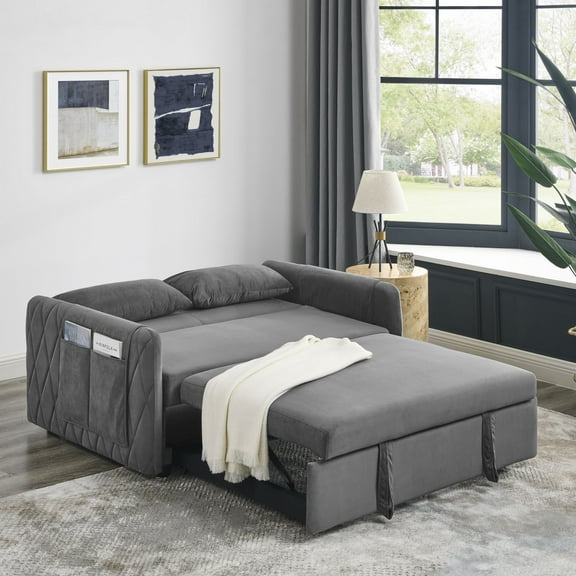 Onbeam 55" Modern Velvet Pull Out Sofa Bed Loveseat Lounge Chaise,Sleeper Sofa Bed with Adjustable Backrest 2 Detachable Arm Pockets-Grey
