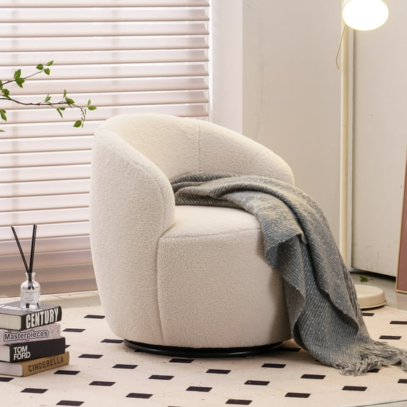 Onbeam Accent Chairs for Living Room and Bedroom - Swivel Barrel Chair and Reading Armchair with Teddy Fabric and Metal Base - Ivory