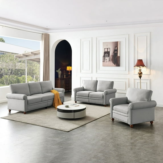 Onbeam Living Room Furniture Set, Storage 3 Seater Sofa Couch & Loveseat & Accent Chair, 82" Chesterfield Sofa for Home and Office - Gray