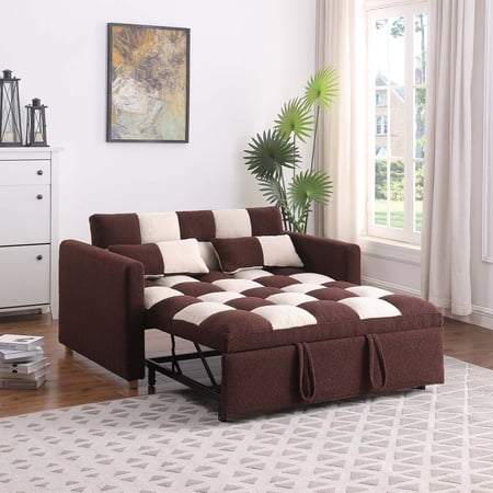 Onbeam Pull-out Convertible Sofa Bed, Teddy Velvet Loveseat Sofa, Brown