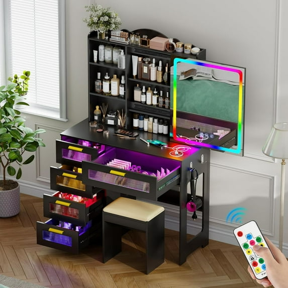 Onbeam Vanity Table Set with Sliding Mirror and LED Lights, Dressing Table with Power Outlet, Drawers, and Stool, Black