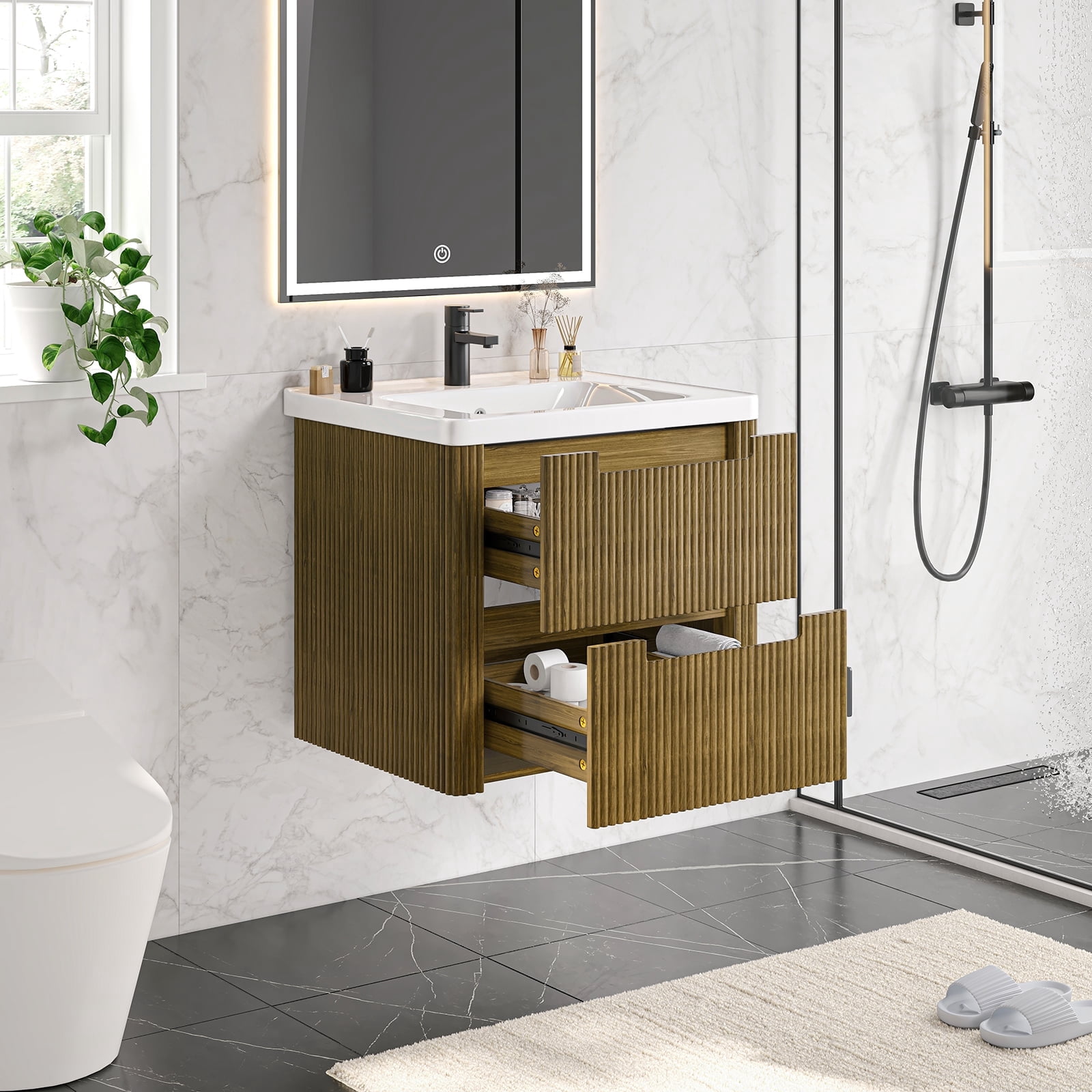 ROGALIS 24" Modern Bathroom Vanity, 2-Drawer, glossy resin Sink, Fluted Design, Drak Gold