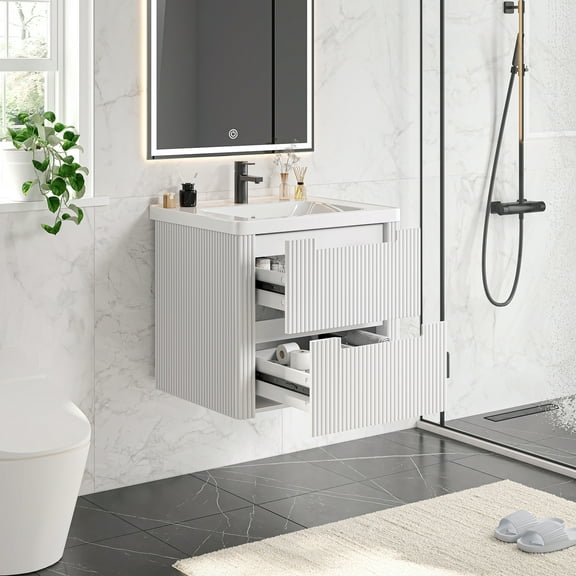 Onbrill 24" Modern Bathroom Vanity, 2-Drawer, Ceramic Sink, Fluted Design,White