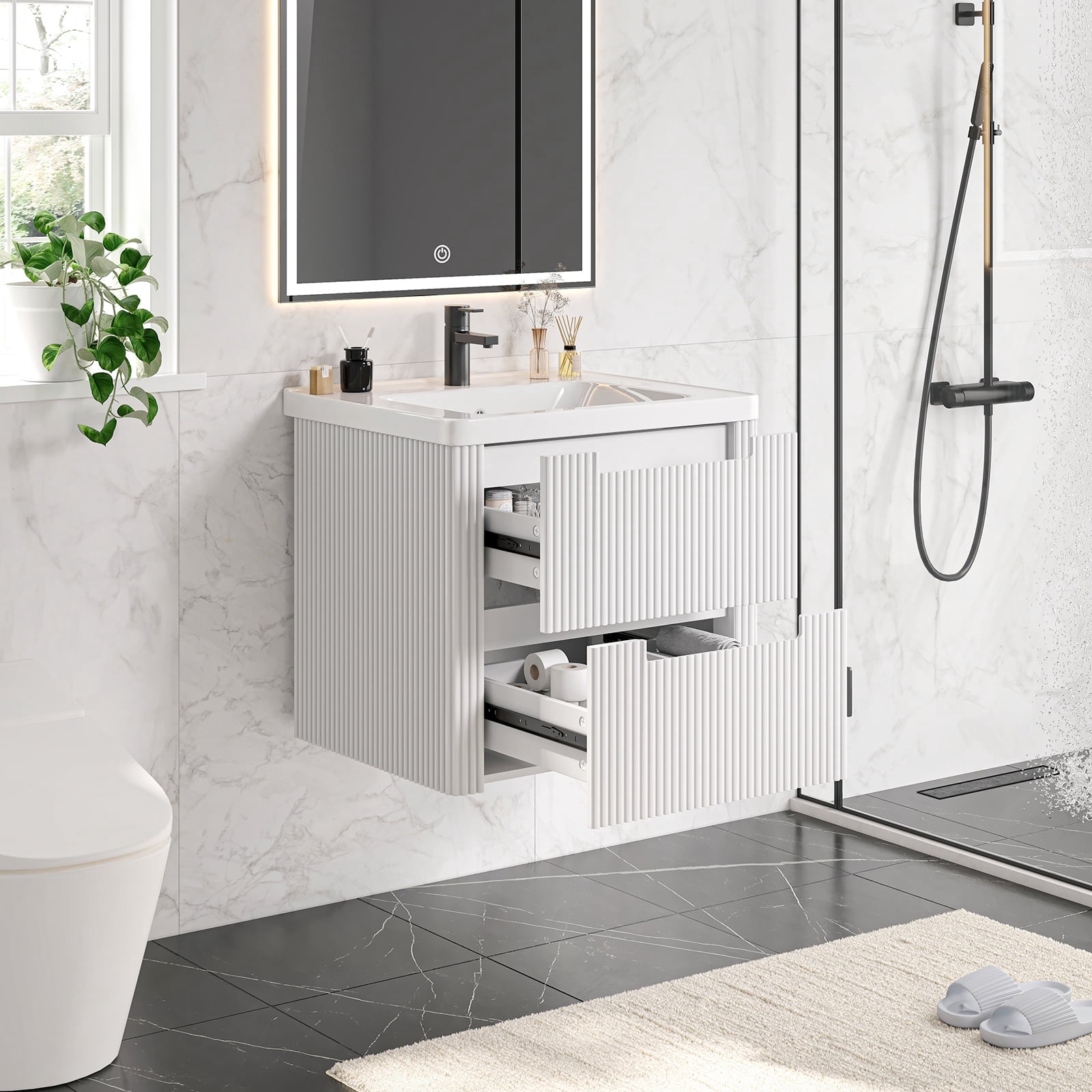 ROGALIS 24" Modern Bathroom Vanity, 2-Drawer, glossy resin Sink, Fluted Design,White
