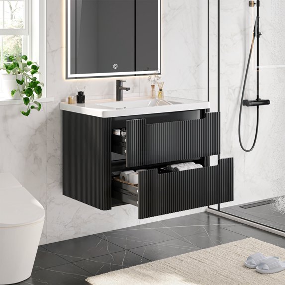Onbrill 32" Modern Bathroom Vanity, 2-Drawer, Ceramic Sink, Fluted Design,Black