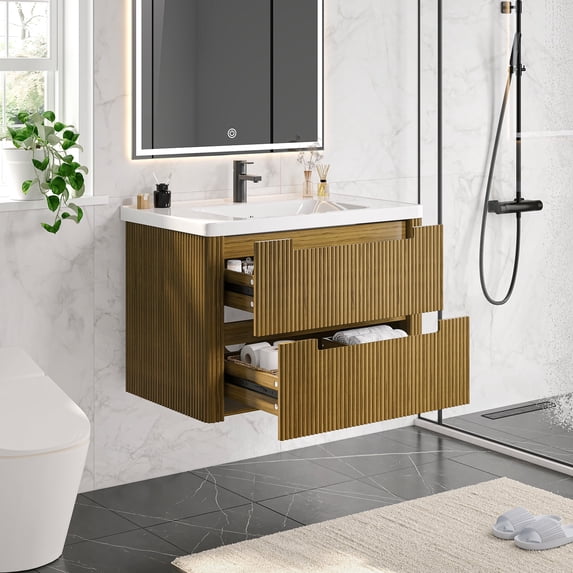 ROGALIS 32" Modern Bathroom Vanity, 2-Drawer, glossy resin Sink, Fluted Design,Drak Gold