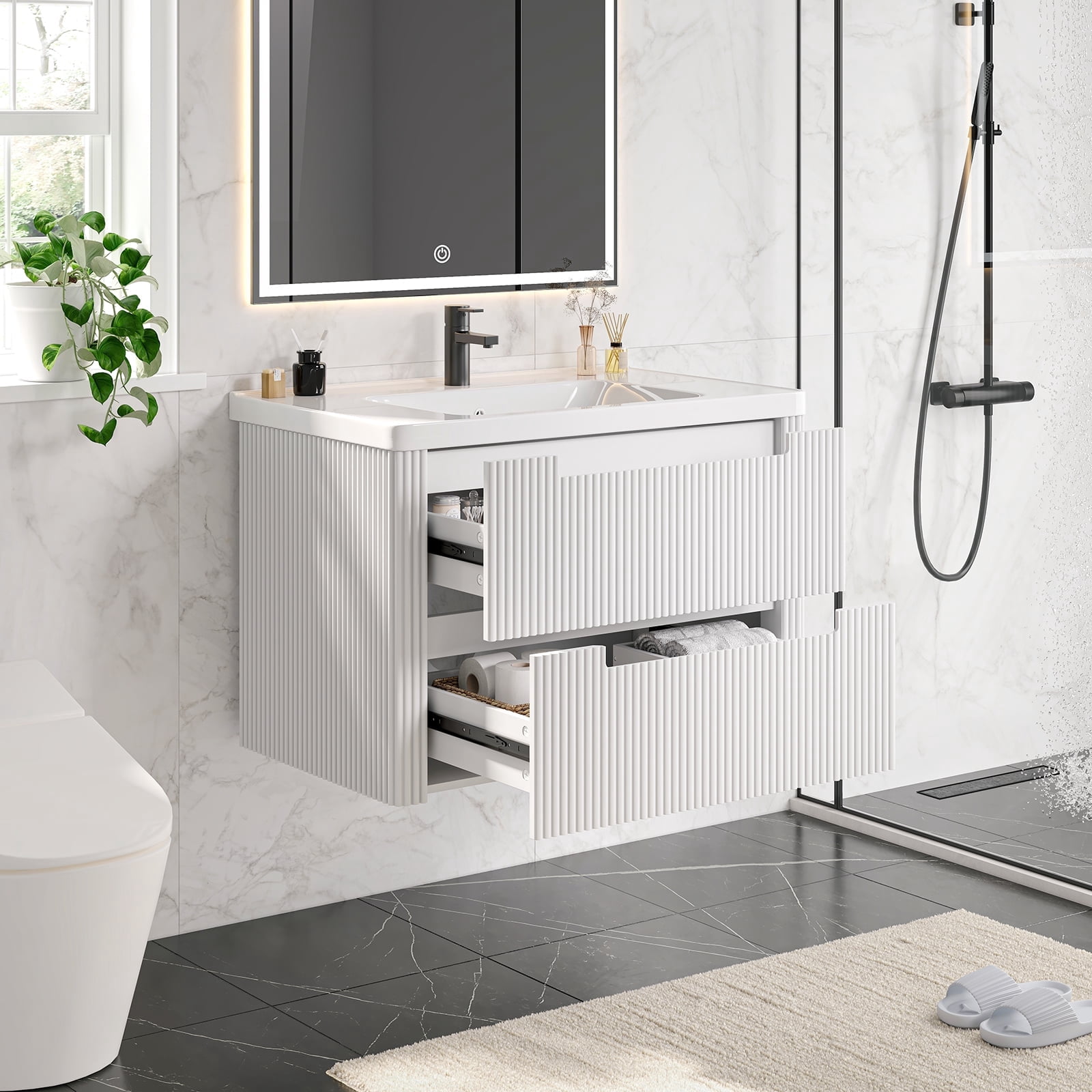 ROGALIS 32" Modern Bathroom Vanity, 2-Drawer, glossy resin Sink, Fluted Design,White