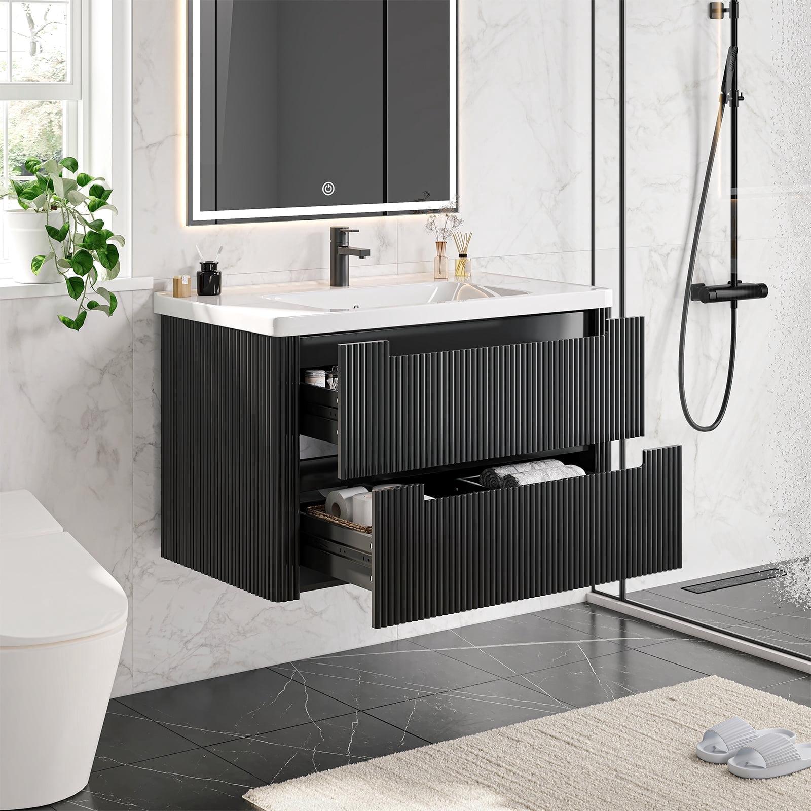 ROGALIS 36" Modern Bathroom Vanity, 2-Drawer, glossy resin Sink, Fluted Design,Black