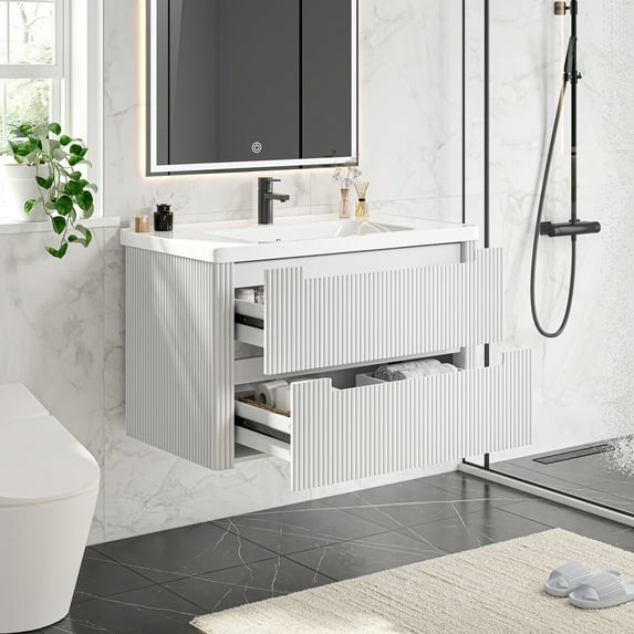Onbrill 36" Modern Bathroom Vanity, 2-Drawer, Ceramic Sink, Fluted Design,White