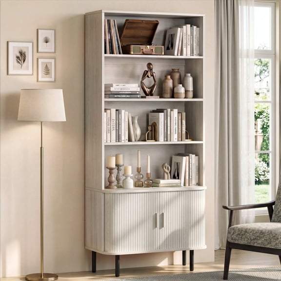 ROGALIS 4 Tier Bookshelf Shelf Wooden Bookcase ,with Storage Cabinet & Adjustable Storage Shelf,Multipurpose Bookshelf for Home Office, Living Room, Natural White