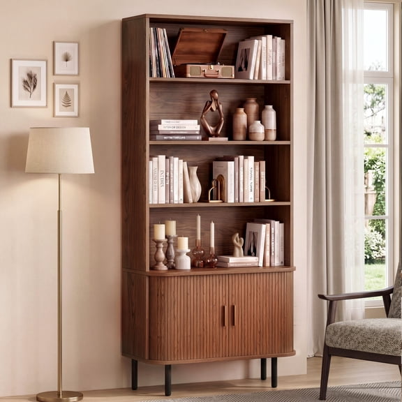 ROGALIS 4 Tier Bookshelf Shelf Wooden Bookcase ,with Storage Cabinet & Adjustable Storage Shelf,Multipurpose Bookshelf for Home Office, Living Room, Walnut