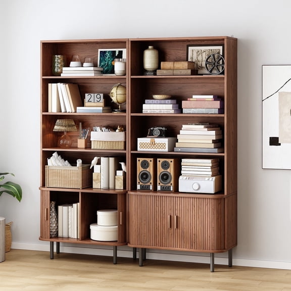 Rogalis 4 Tier Bookshelf Shelf Wooden Bookcase ,with Storage Cabinet & Adjustable Storage Shelf,Multipurpose Bookshelf for Home Office, Living Room, Walnut