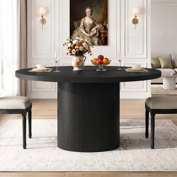 ROGALIS 47 inch Round Dining Table for 4-6, Circle Kitchen Table with Wood Strip Base, Modern Farmhouse Dinner Tables for Kitchen, Living Room, Black