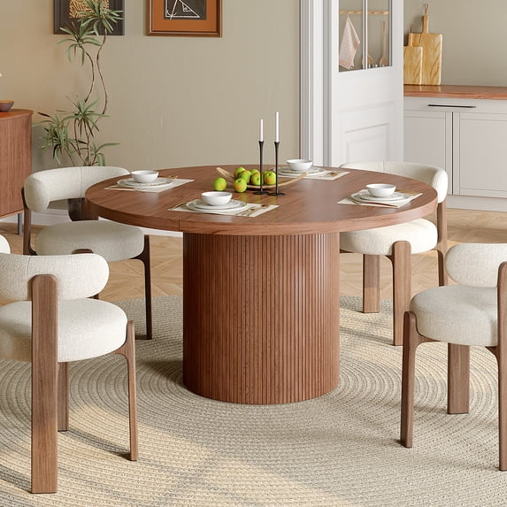 Onbrill 47 inch Round Dining Table for 4-6, Circle Kitchen Table with Wood Strip Base, Modern Farmhouse Dinner Tables for Kitchen, Living Room (Walnut)