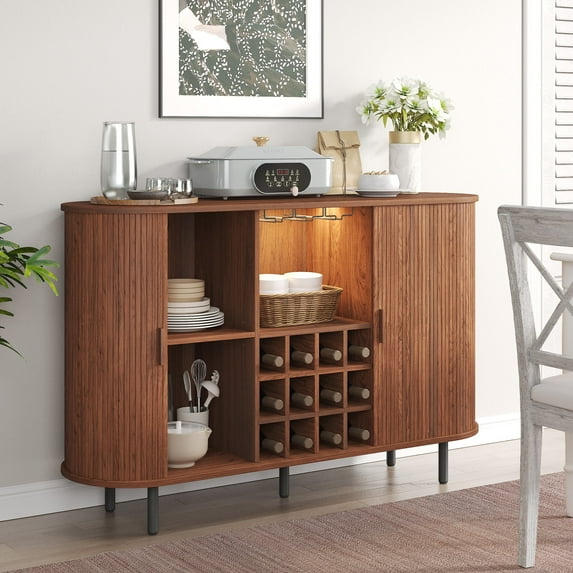 Onbrill 55" Wine Bar Cabinet with LED Light,Modern Liquor Whiskey Coffee Station with Wine Rack and Glass Holder, Farmhouse Large Buffet Sideboard for Dining Room, Living Room, Kitchen, Walnut