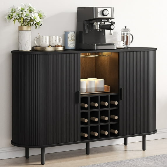 Onbrill 55" Wine Bar Cabinet with LED Light,Modern Liquor Whiskey Coffee Station with Wine Rack and Glass Holder, Farmhouse Large Buffet Sideboard for Dining Room, Living Room, Kitchen, Black