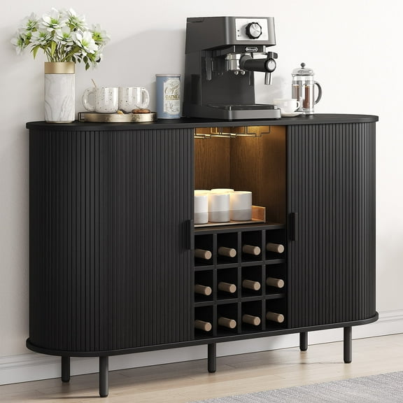 Onbrill 55" Wine Bar Cabinet with LED Light,Modern Liquor Whiskey Coffee Station with Wine Rack and Glass Holder, Farmhouse Large Buffet Sideboard for Dining Room, Living Room, Kitchen, Black