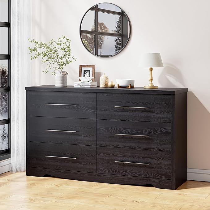Onbrill 6-Drawer Black Dresser - Modern Chest of Drawers for Bedroom ...
