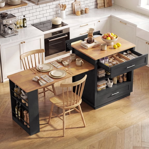 ROGALIS Expandable Kitchen Island with Storage, 48"–76" Rolling Kitchen Island with Power Outlet, Adjustable Shelf and Solid Rubberwood Tabletop, Black