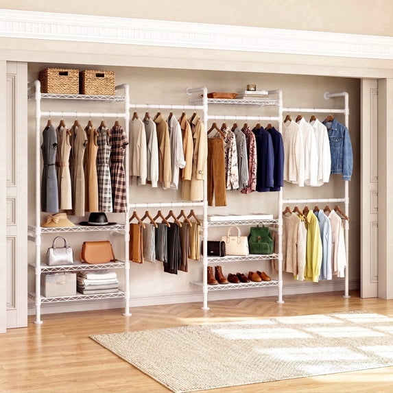 ROGALIS H4 Wall Mounted Closet System, Expandable Industrial Pipe Clothes Rack Clothing Rack for Hanging Clothes, Heavy Duty Closet Organizers and Storage in Wardrobe Closet - White