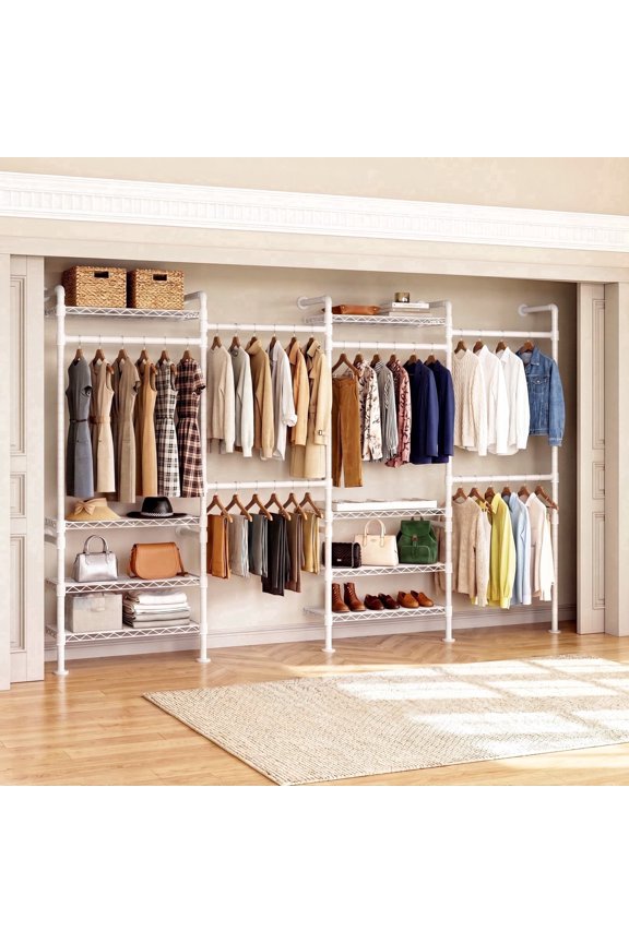 H4 Wall Mounted Closet System, Expandable Industrial Pipe Clothes Rack Clothing Rack for Hanging Clothes, Heavy Duty Closet Organizers and Storage in Wardrobe Closet - White