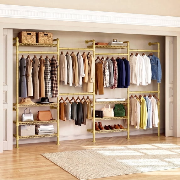 ROGALIS H4 Wall Mounted Clothes Rack, Industrial Pipe Closet Organizers System with 4 Telescopic Rod & 2 ordinary rods & 8 Shelves, Gold