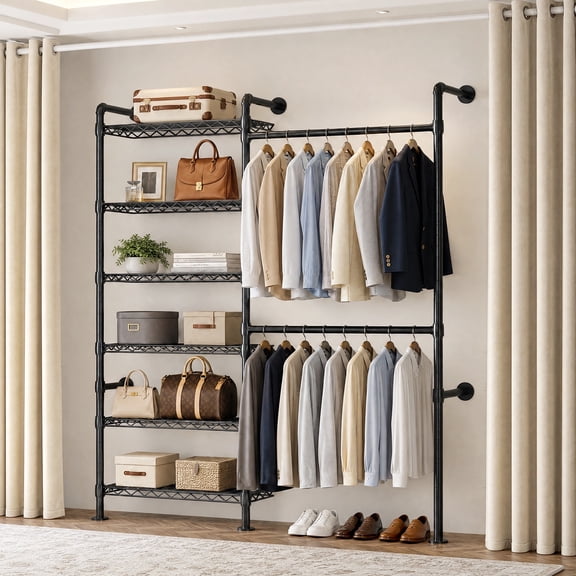 ROGALIS L2 Wall Mounted Clothes Rack, Industrial Pipe Closet Organizers System with 2 Telescopic Rod & 6 Shelves
