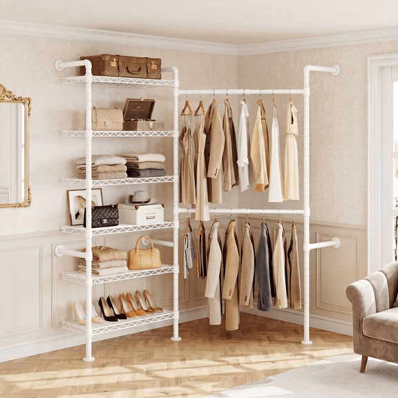 Rogalis L2 Wall Mounted Clothes Rack, Industrial Pipe Closet Organizers System with 2 Telescopic Rod & 6 Shelves