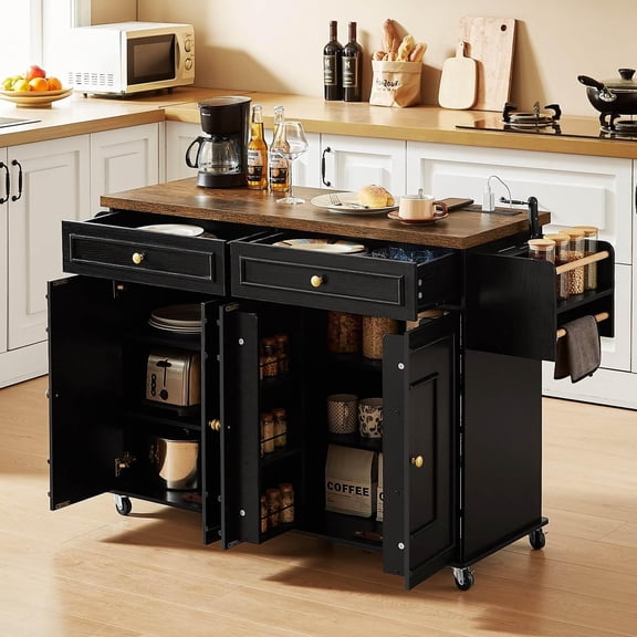 ROGALIS Mobile Kitchen Island, 58" Rolling Island Cart with Power Outlet, Island Table for Kitchen, Black