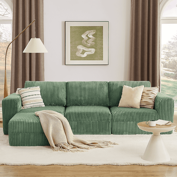 Onbrill Modular Sectional Sofa, L Shaped Couch, Upholstered Corduroy, Deep Seat and No Assembly Required, Green