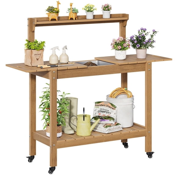 ROGALIS Outdoor Potting Bench with Sliding Tabletop, Wood Outside Garden Work Table, No Rust/Fade/Break