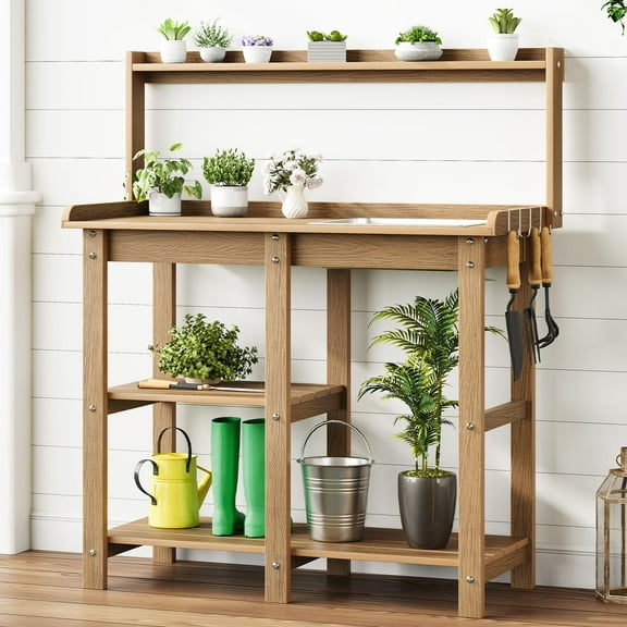 Onbrill Potting Bench, Outdoor Wooden Potting Bench Table w/Removable Sink, 4 Side Hooks for Garden