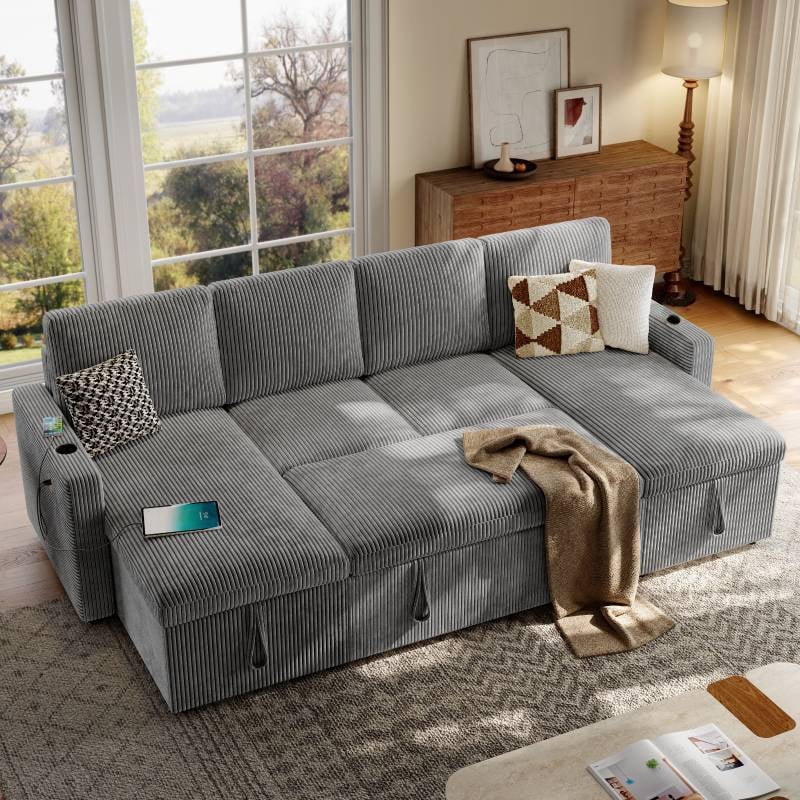 Onbrill Sectional Sofa Bed with Pullout Bed and Double Storage Chaise ...