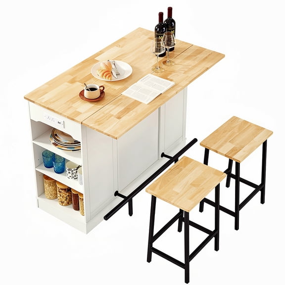 ROGALIS 47"Kitchen Island with 2 Chair, Stationary Island Table with Power Outlet, USB Ports, Spice Rack, Trash Cabinet, and Foldable Drop Leaf for Home Bar or Dining Room,White