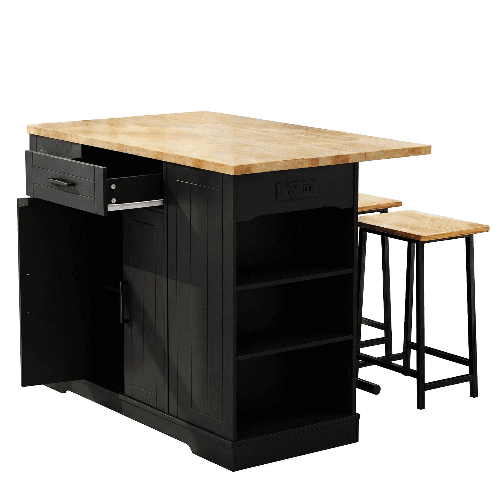 ROGALIS 47"Kitchen Island with 2 Chair, Stationary Island Table with Power Outlet, USB Ports, Spice Rack, Trash Cabinet, and Foldable Drop Leaf for Home Bar or Dining Room,Black