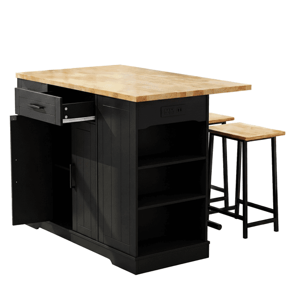 ROGALIS 47"Kitchen Island with 2 Chair, Stationary Island Table with Power Outlet, USB Ports, Spice Rack, Trash Cabinet, and Foldable Drop Leaf for Home Bar or Dining Room,Black