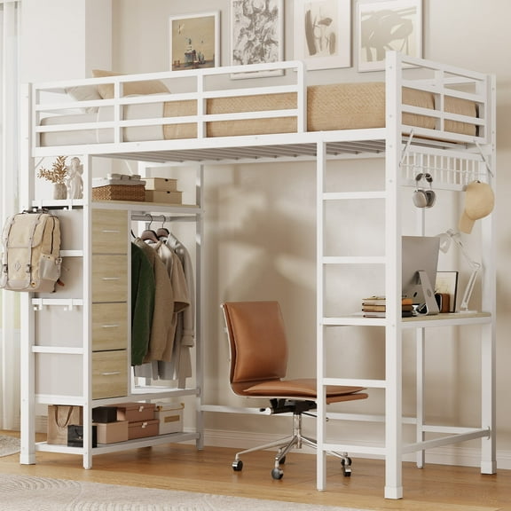 Onbrill Twin Size Loft Bed with Desk and Shelves & Outlet, LED Light, Industrial Bunkbeds Heavy Duty Bed with Safety Guard Rails and Space-Saving Design, Steel Bed for School, Bedroom,White