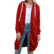 Once 2023 Casual Women Long Hoodies Sweatshirt Coat Zip Up Outer Wears Hooded Jacket Winter Pockets Plus Size Outwear Tops