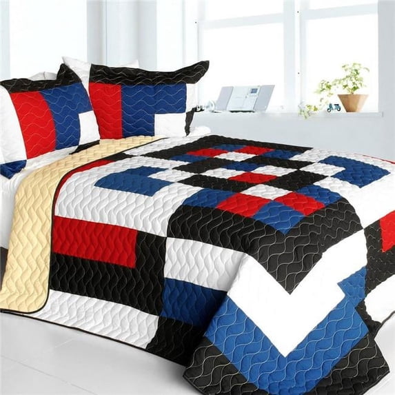 Once - 3 Pieces Vermicelli - Quilted Patchwork Quilt Set Full & Queen Size - Blue