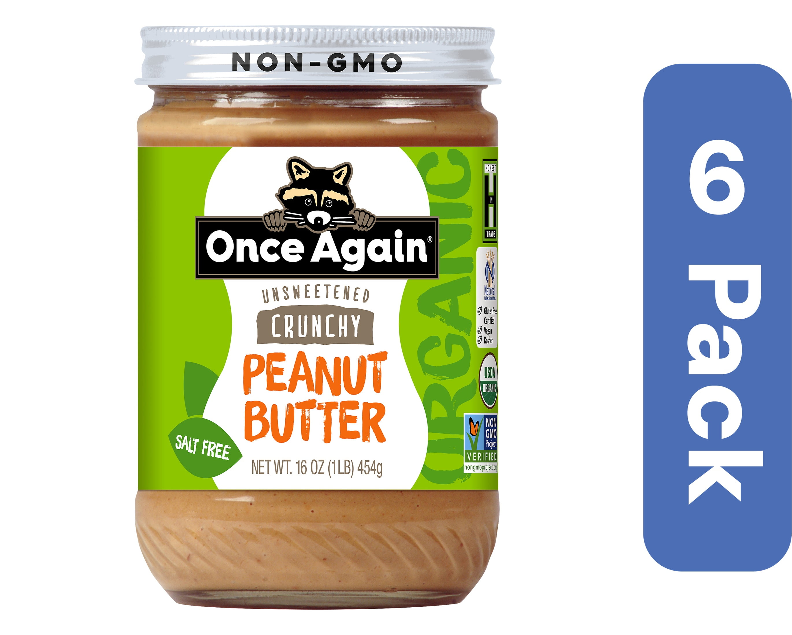 Once Again Butter Peanut Crunchy Unsalted Organic 16 oz (Pack Of 6)