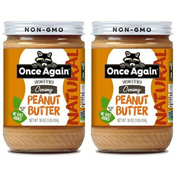 Once Again Natural, Creamy Peanut Butter, 16oz - Salt Free, Unsweetened - Gluten Free Certified, Vegan, Kosher, Non-GMO Verified - Glass Jar (2 Pack)