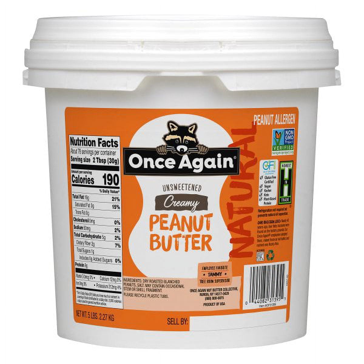 Once Again Natural, Creamy Peanut Butter, 5lb Bucket - Lightly Salted, Unsweetened - Gluten Free Certified, Vegan, Kosher, Non-GMO Verified